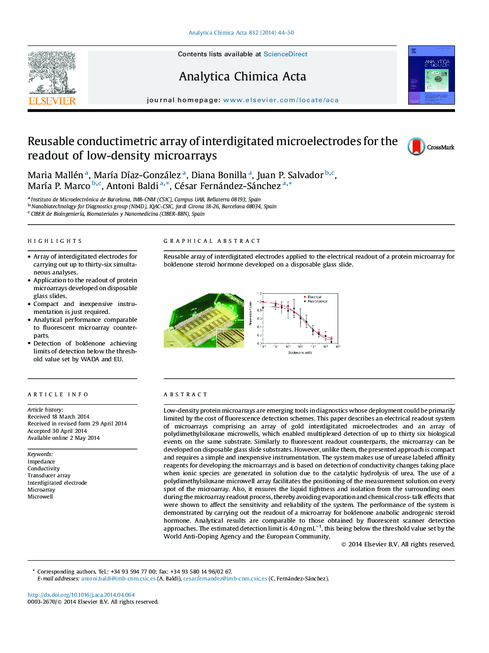 Reusable conductimetric array of interdigitated microelectrodes for the readout of low-density microarrays