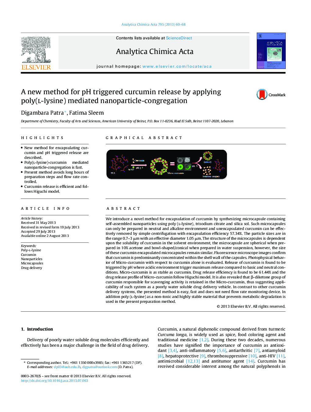 A new method for pH triggered curcumin release by applying poly(l-lysine) mediated nanoparticle-congregation