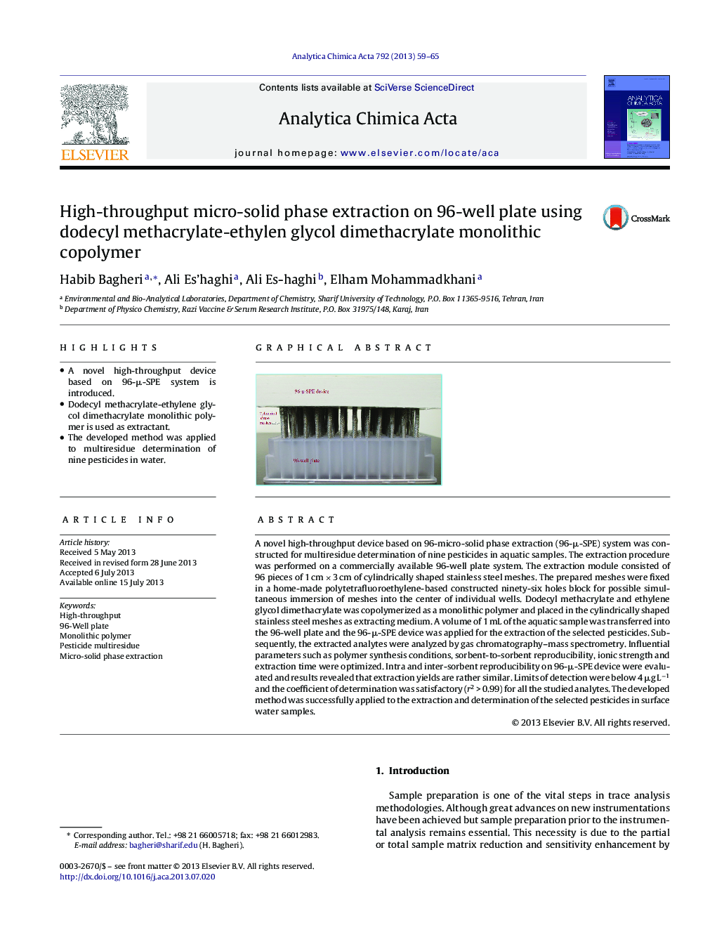 High-throughput micro-solid phase extraction on 96-well plate using dodecyl methacrylate-ethylen glycol dimethacrylate monolithic copolymer
