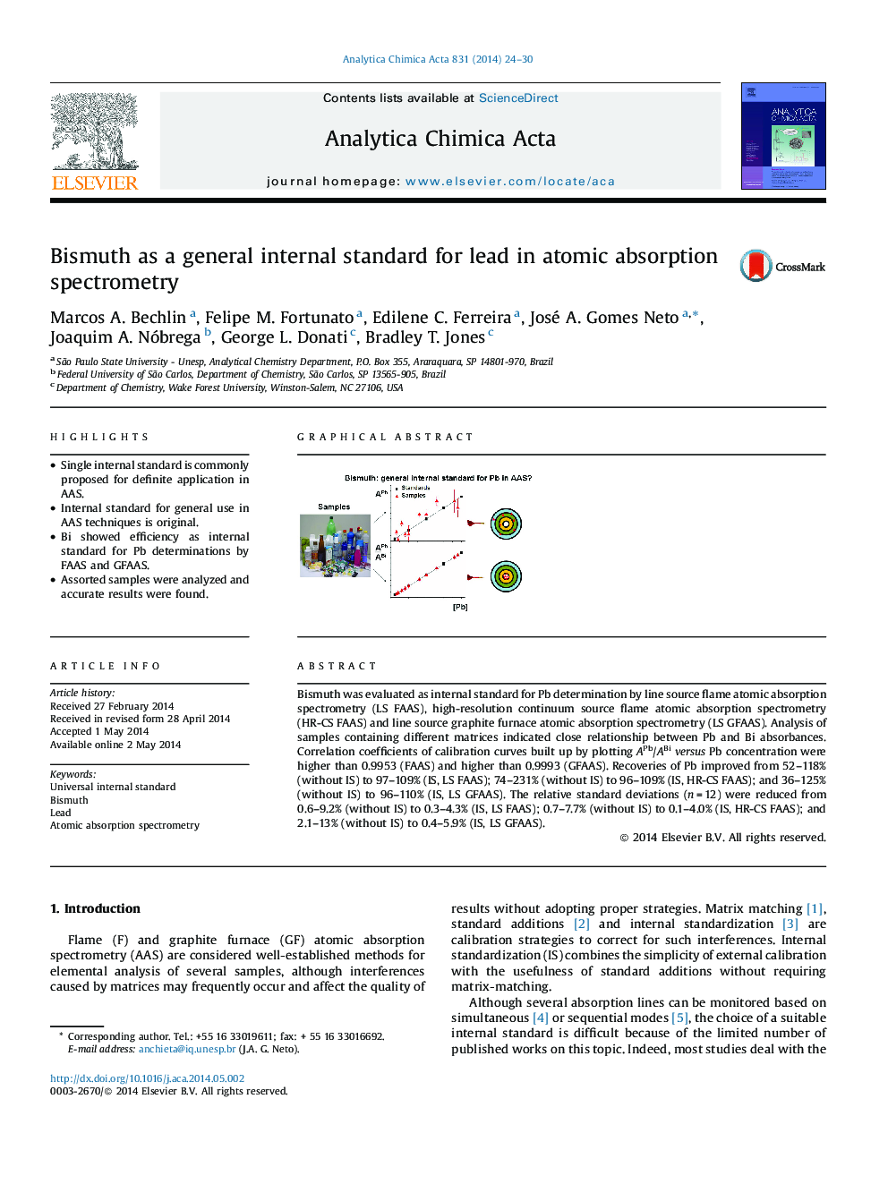 Bismuth as a general internal standard for lead in atomic absorption spectrometry