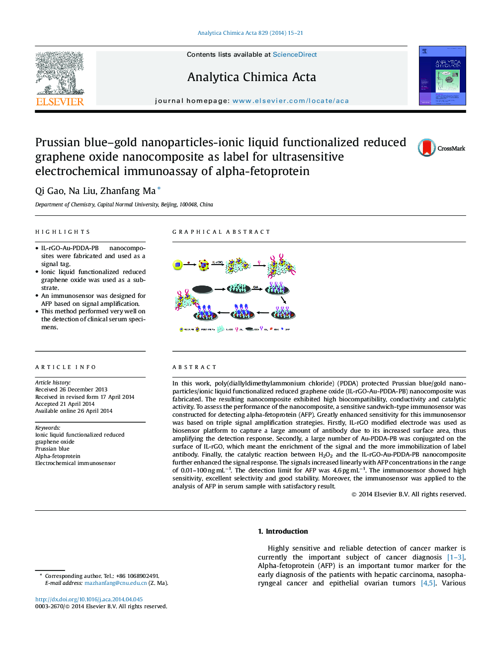 Prussian blue–gold nanoparticles-ionic liquid functionalized reduced graphene oxide nanocomposite as label for ultrasensitive electrochemical immunoassay of alpha-fetoprotein