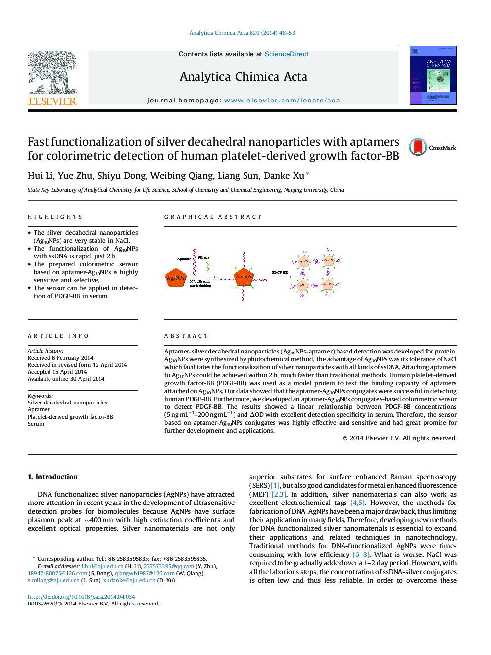 Fast functionalization of silver decahedral nanoparticles with aptamers for colorimetric detection of human platelet-derived growth factor-BB