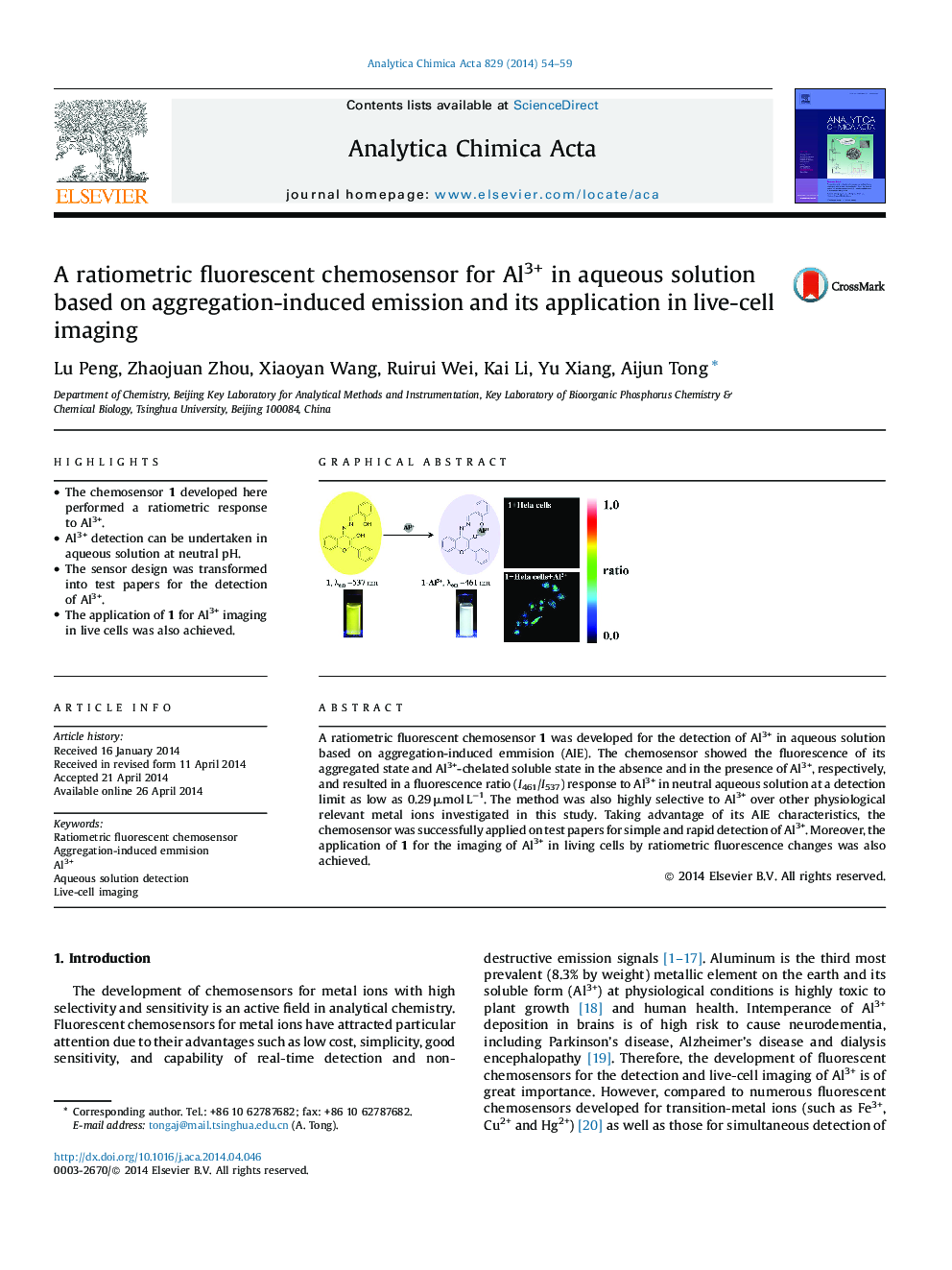 A ratiometric fluorescent chemosensor for Al3+ in aqueous solution based on aggregation-induced emission and its application in live-cell imaging