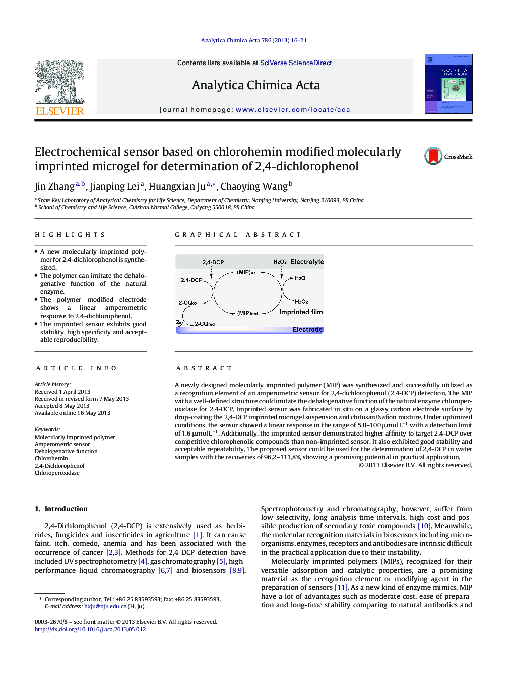 Electrochemical sensor based on chlorohemin modified molecularly imprinted microgel for determination of 2,4-dichlorophenol