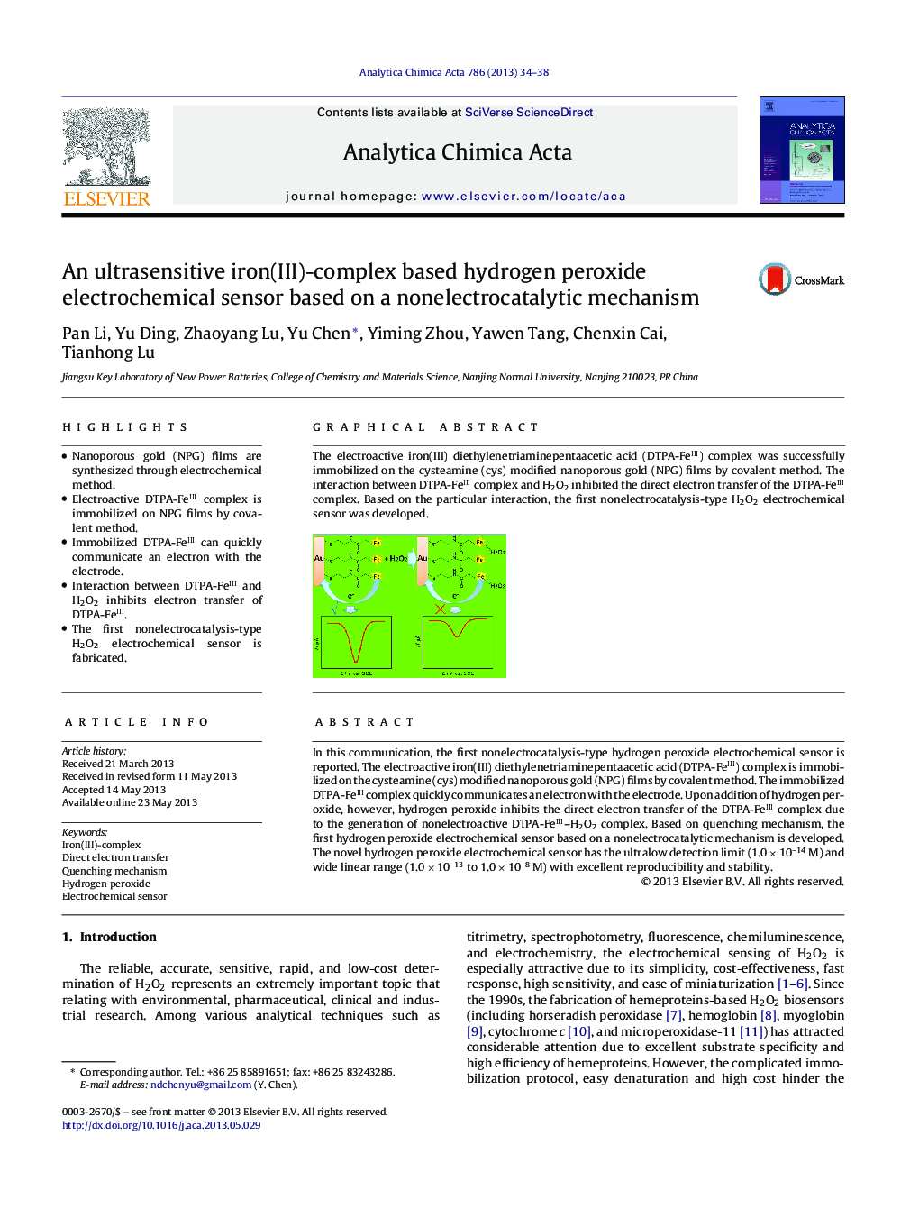 An ultrasensitive iron(III)-complex based hydrogen peroxide electrochemical sensor based on a nonelectrocatalytic mechanism