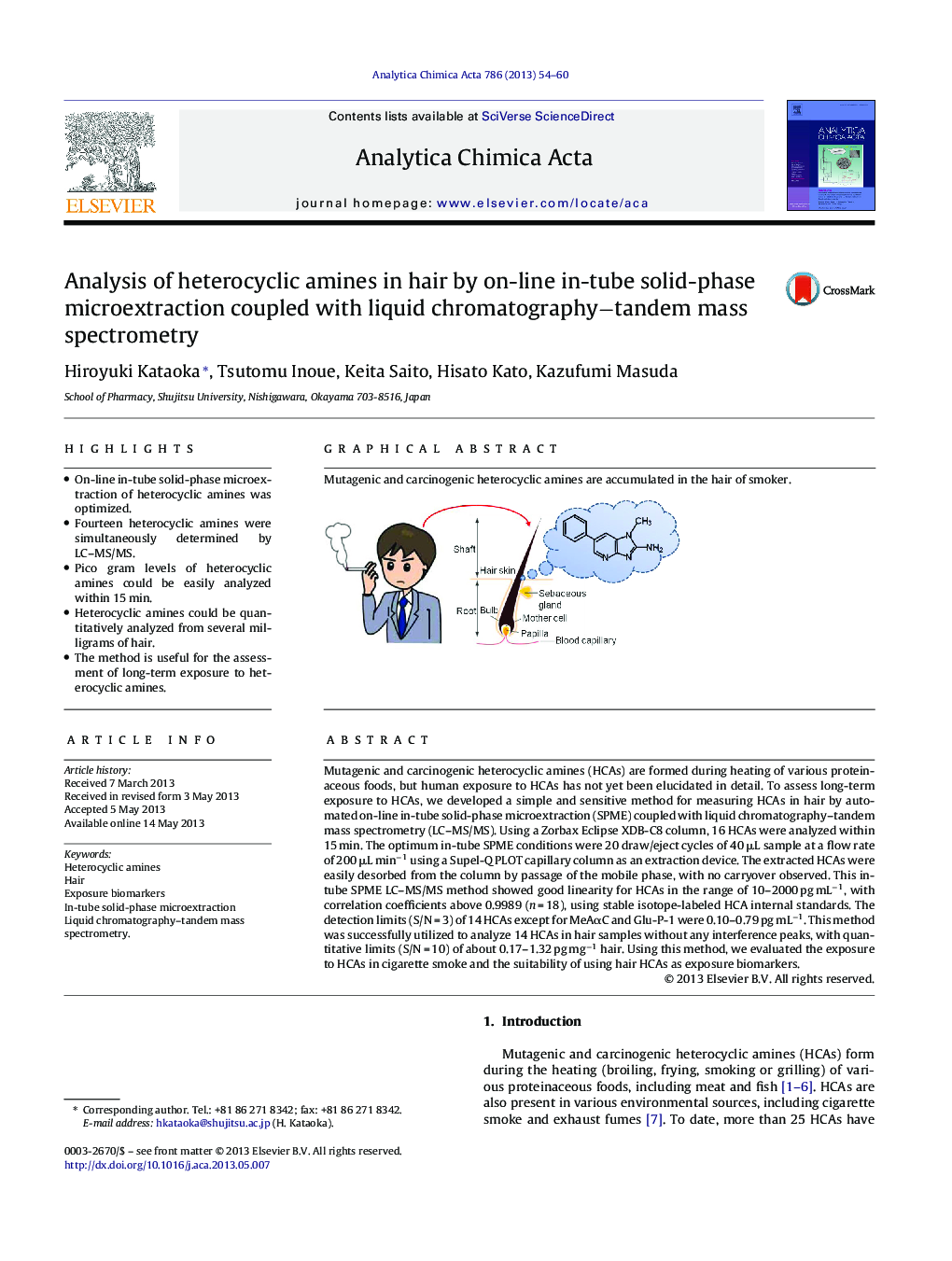 Analysis of heterocyclic amines in hair by on-line in-tube solid-phase microextraction coupled with liquid chromatography−tandem mass spectrometry