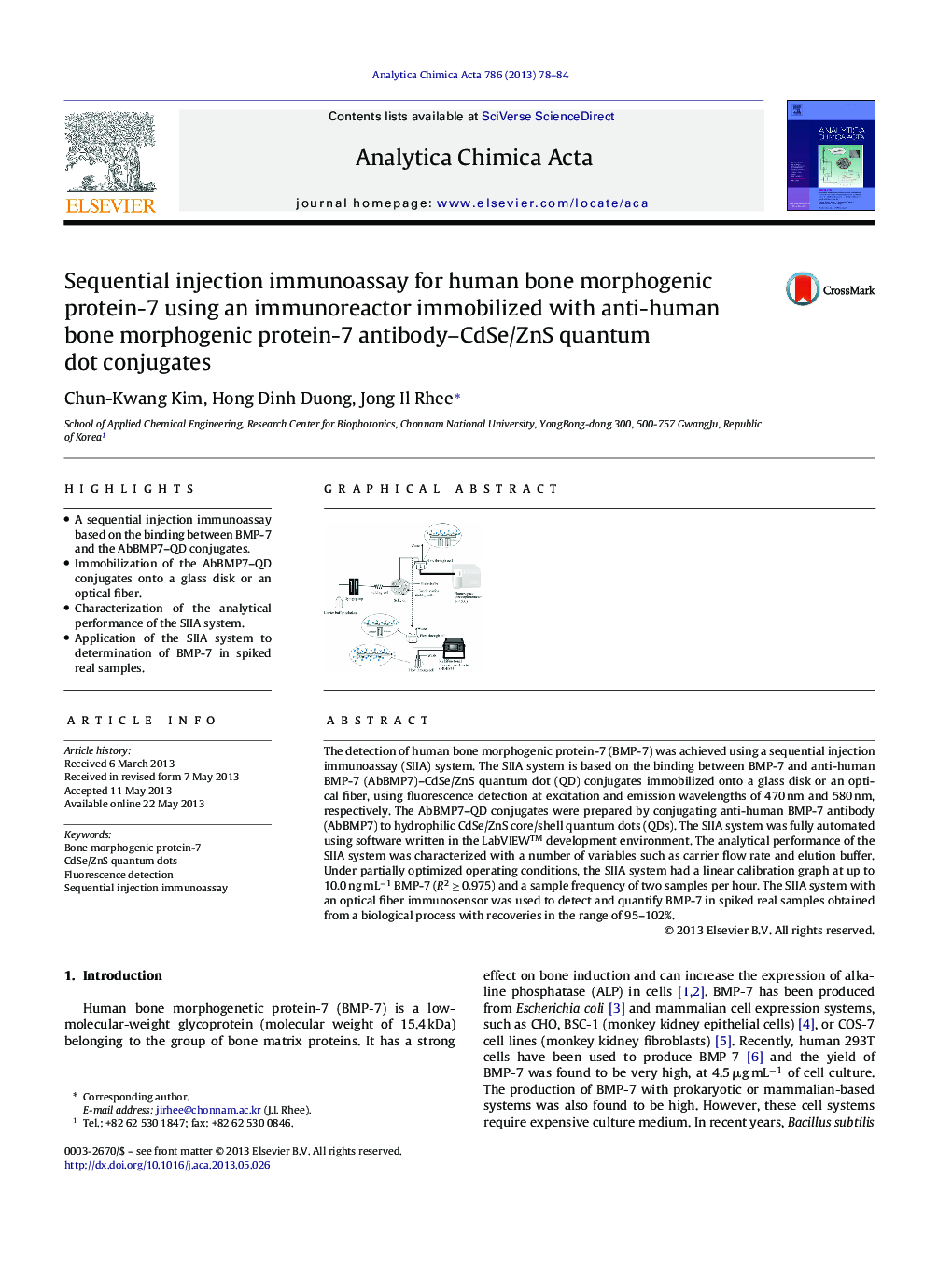 Sequential injection immunoassay for human bone morphogenic protein-7 using an immunoreactor immobilized with anti-human bone morphogenic protein-7 antibody–CdSe/ZnS quantum dot conjugates