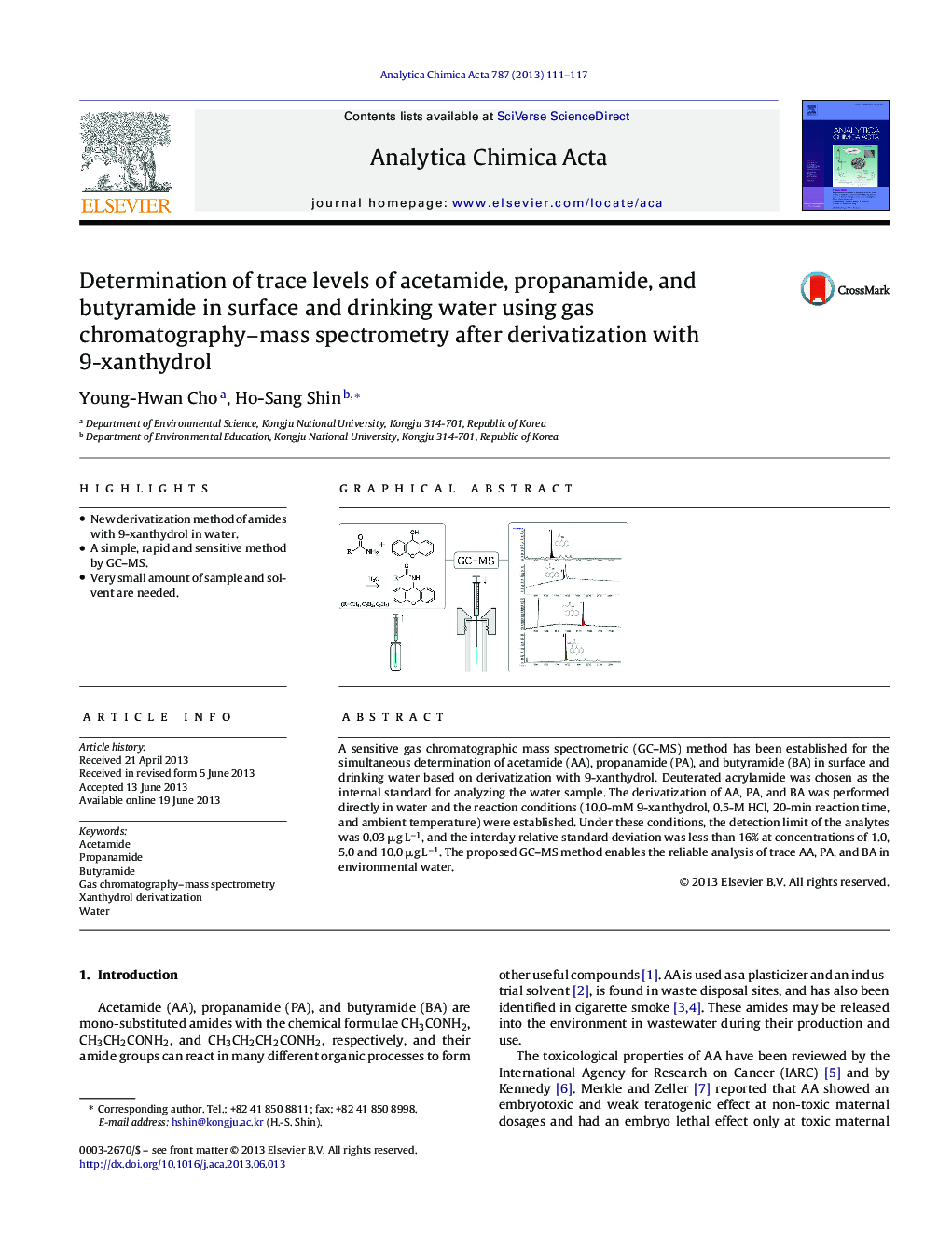 Determination of trace levels of acetamide, propanamide, and butyramide in surface and drinking water using gas chromatography–mass spectrometry after derivatization with 9-xanthydrol