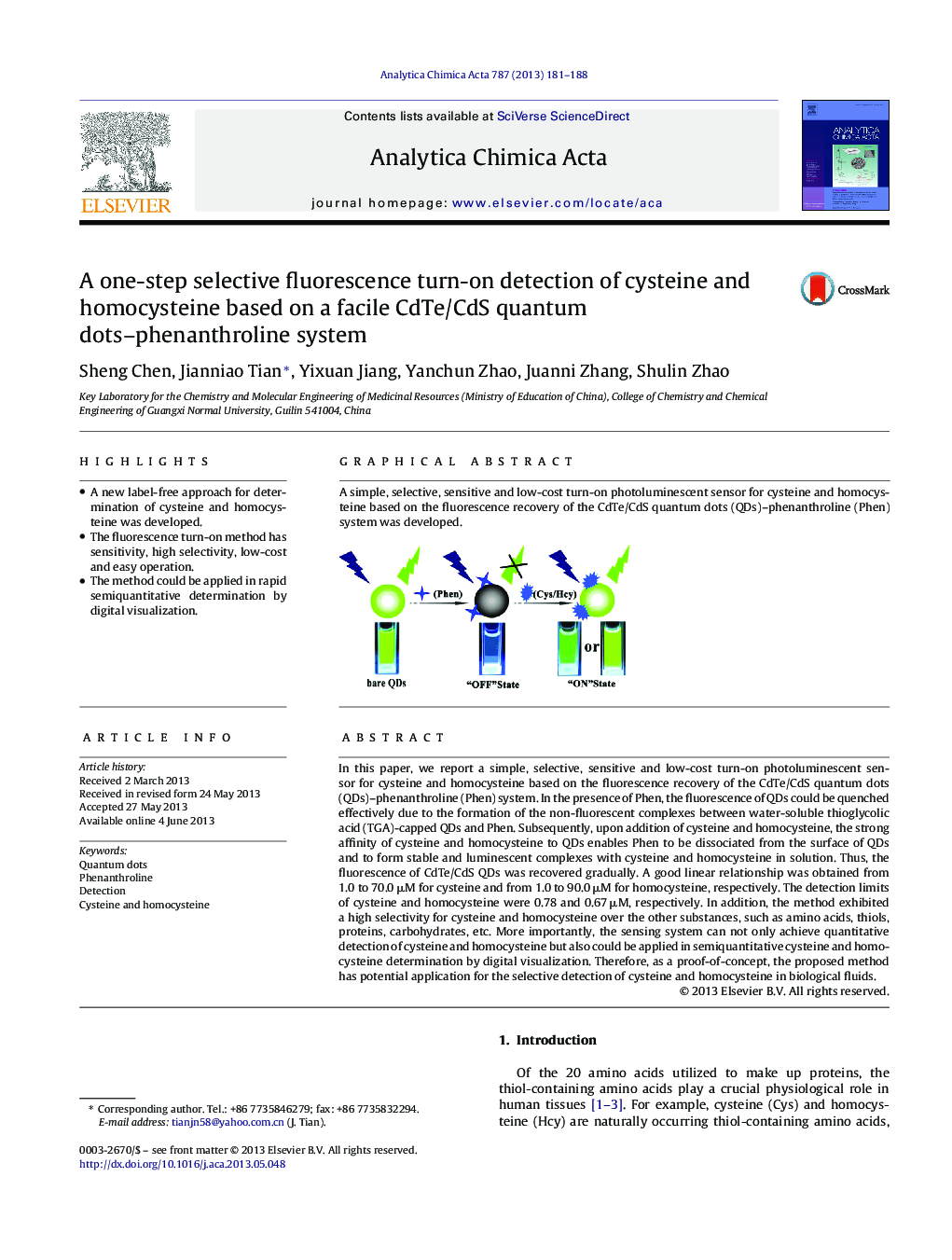 A one-step selective fluorescence turn-on detection of cysteine and homocysteine based on a facile CdTe/CdS quantum dots–phenanthroline system