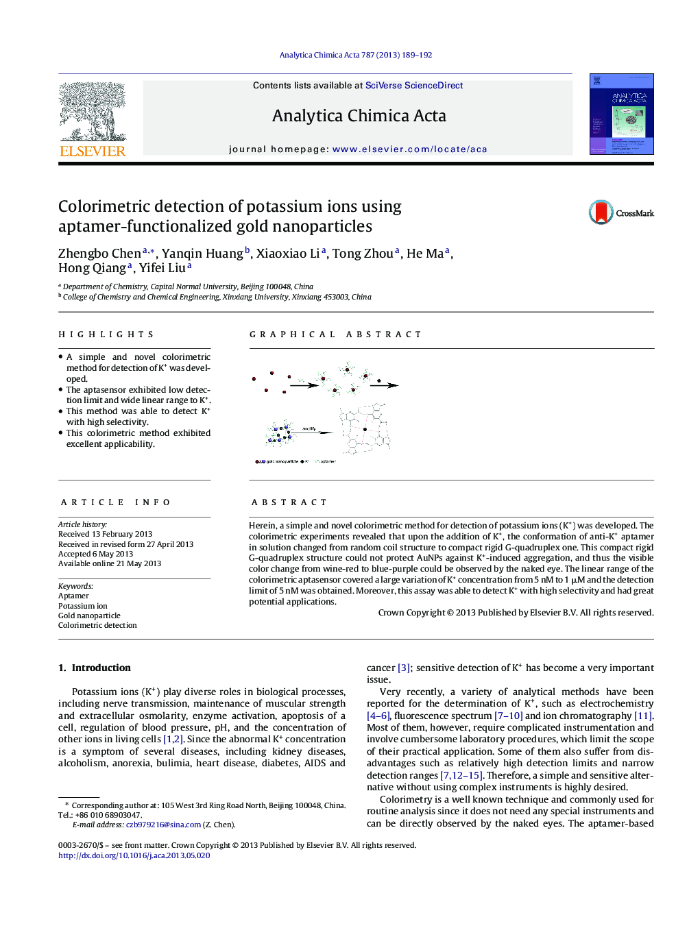 Colorimetric detection of potassium ions using aptamer-functionalized gold nanoparticles