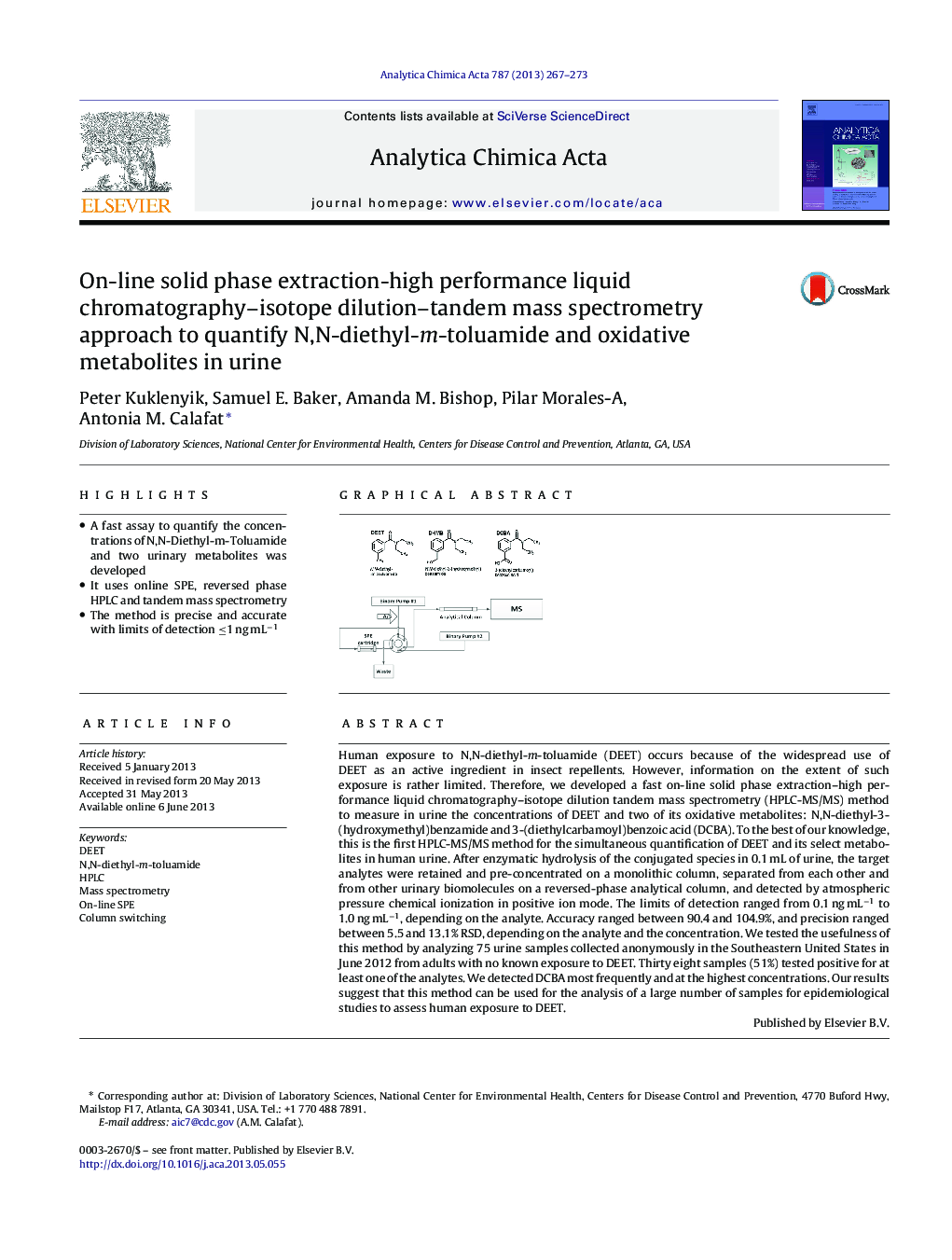 On-line solid phase extraction-high performance liquid chromatography–isotope dilution–tandem mass spectrometry approach to quantify N,N-diethyl-m-toluamide and oxidative metabolites in urine