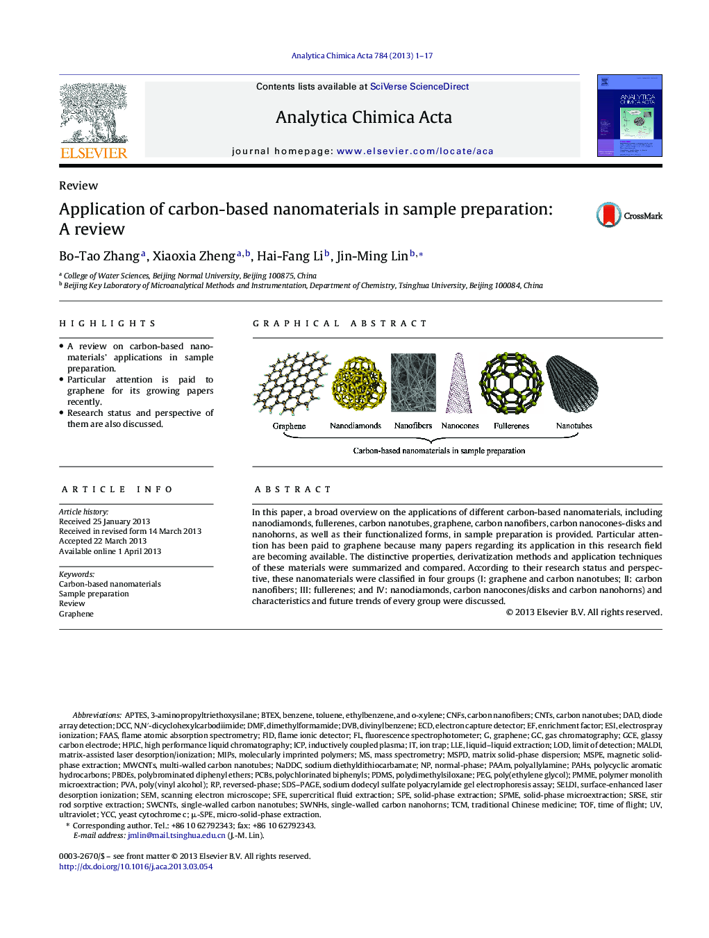 Application of carbon-based nanomaterials in sample preparation: A review