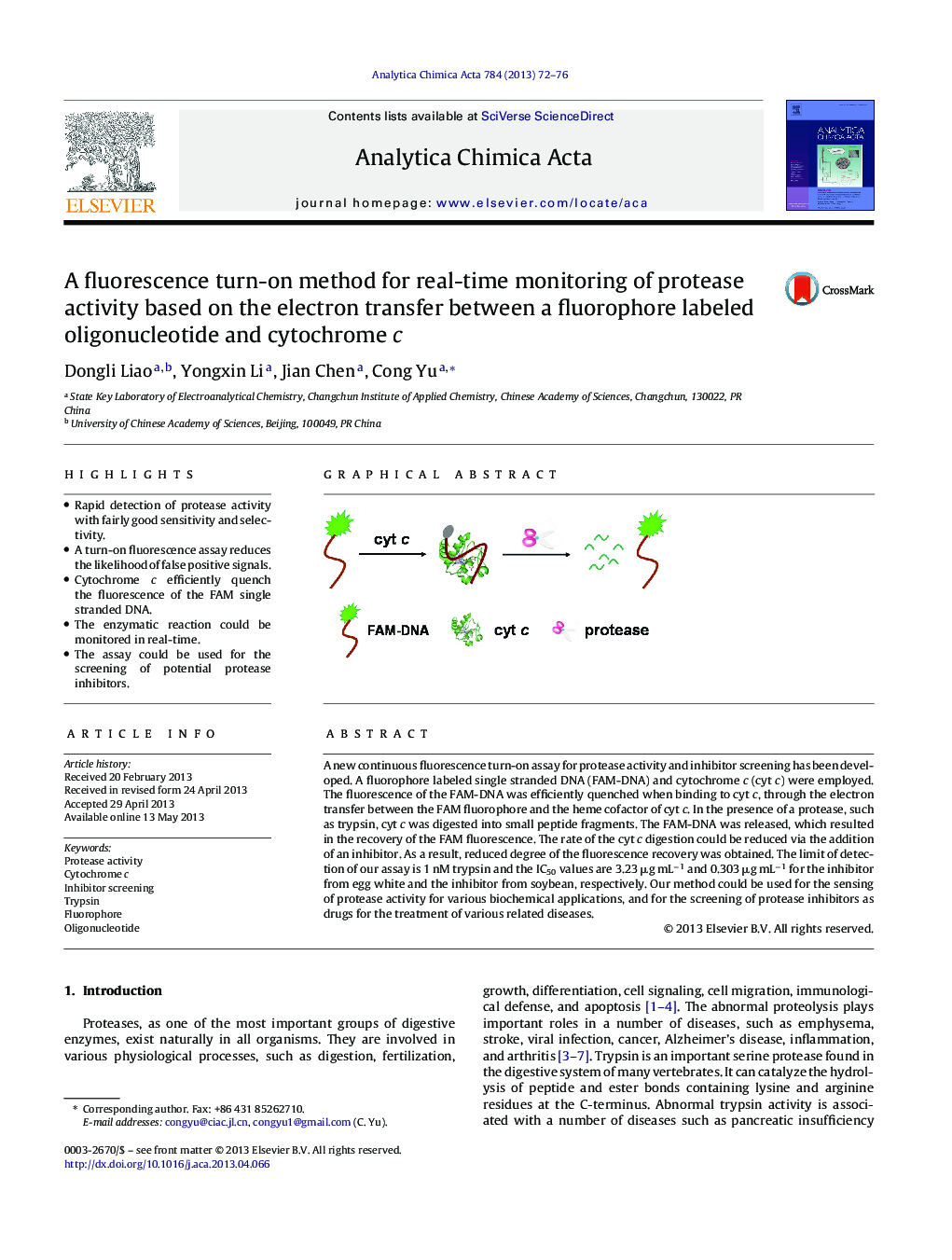 A fluorescence turn-on method for real-time monitoring of protease activity based on the electron transfer between a fluorophore labeled oligonucleotide and cytochrome c