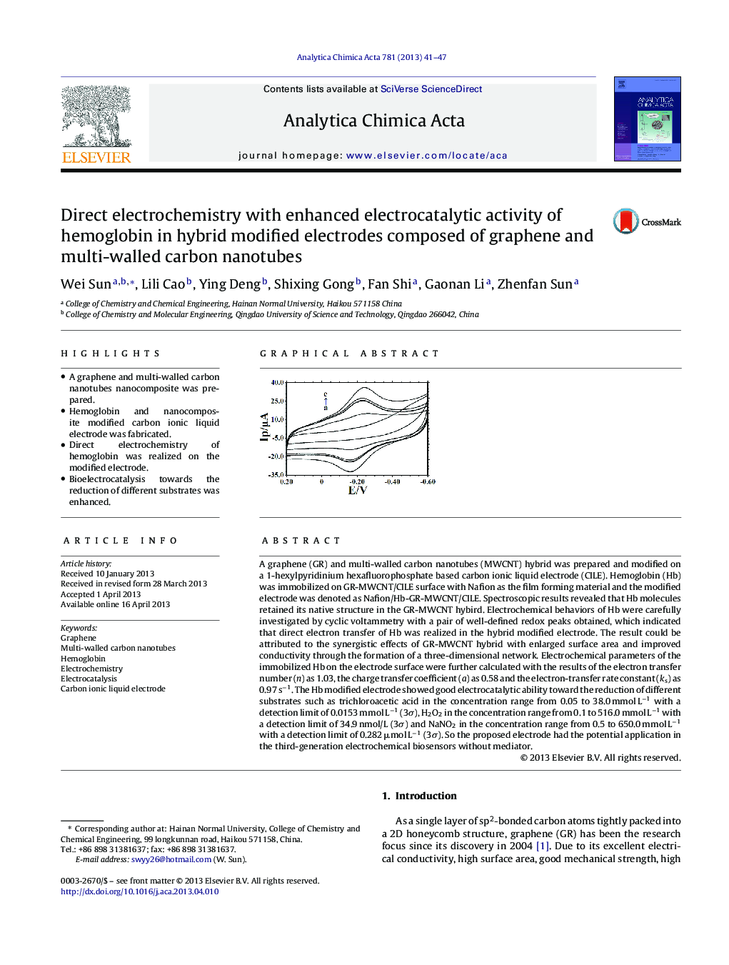 Direct electrochemistry with enhanced electrocatalytic activity of hemoglobin in hybrid modified electrodes composed of graphene and multi-walled carbon nanotubes