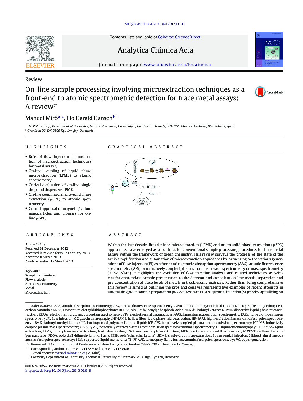 On-line sample processing involving microextraction techniques as a front-end to atomic spectrometric detection for trace metal assays: A review 