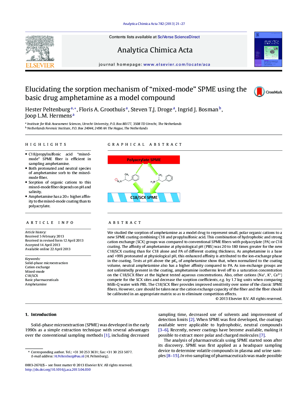 Elucidating the sorption mechanism of “mixed-mode” SPME using the basic drug amphetamine as a model compound