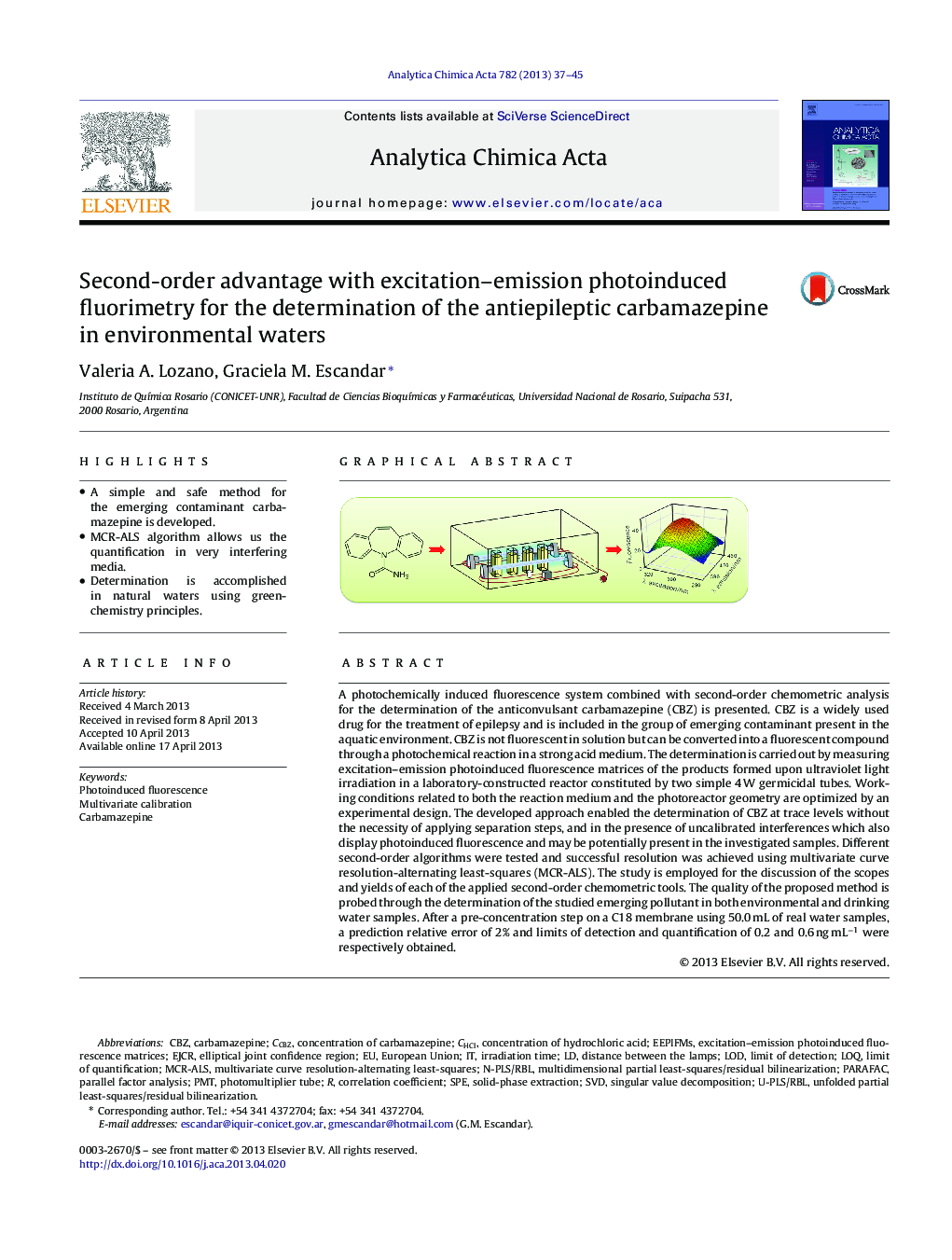 Second-order advantage with excitation–emission photoinduced fluorimetry for the determination of the antiepileptic carbamazepine in environmental waters