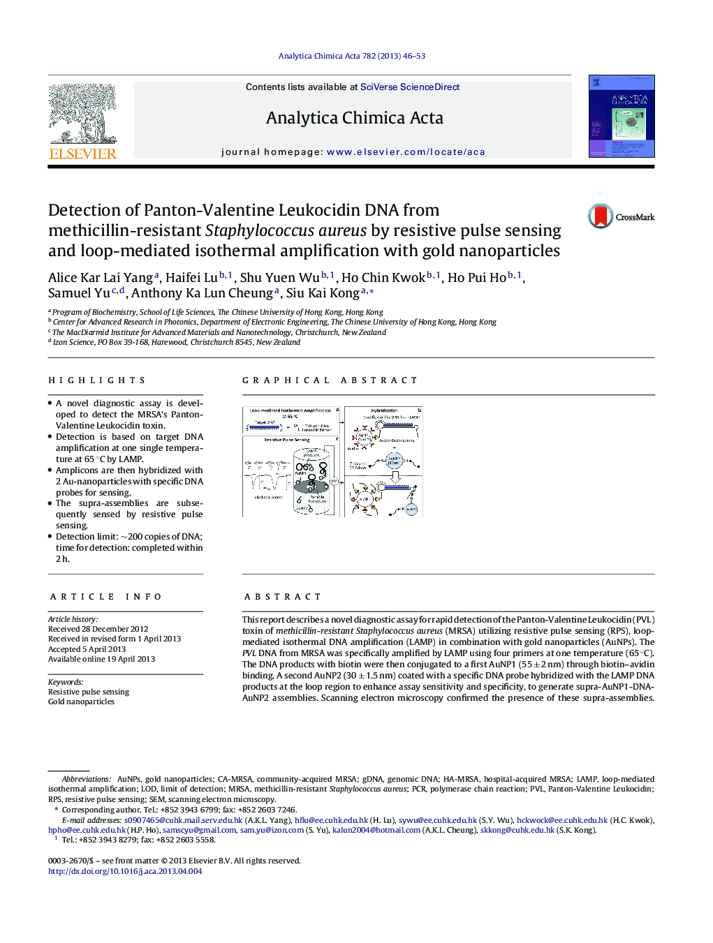 Detection of Panton-Valentine Leukocidin DNA from methicillin-resistant Staphylococcus aureus by resistive pulse sensing and loop-mediated isothermal amplification with gold nanoparticles