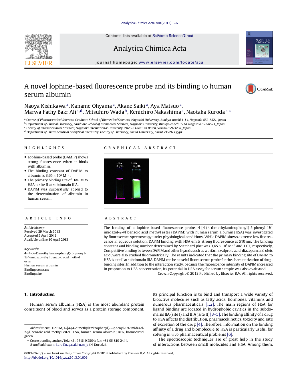 A novel lophine-based fluorescence probe and its binding to human serum albumin