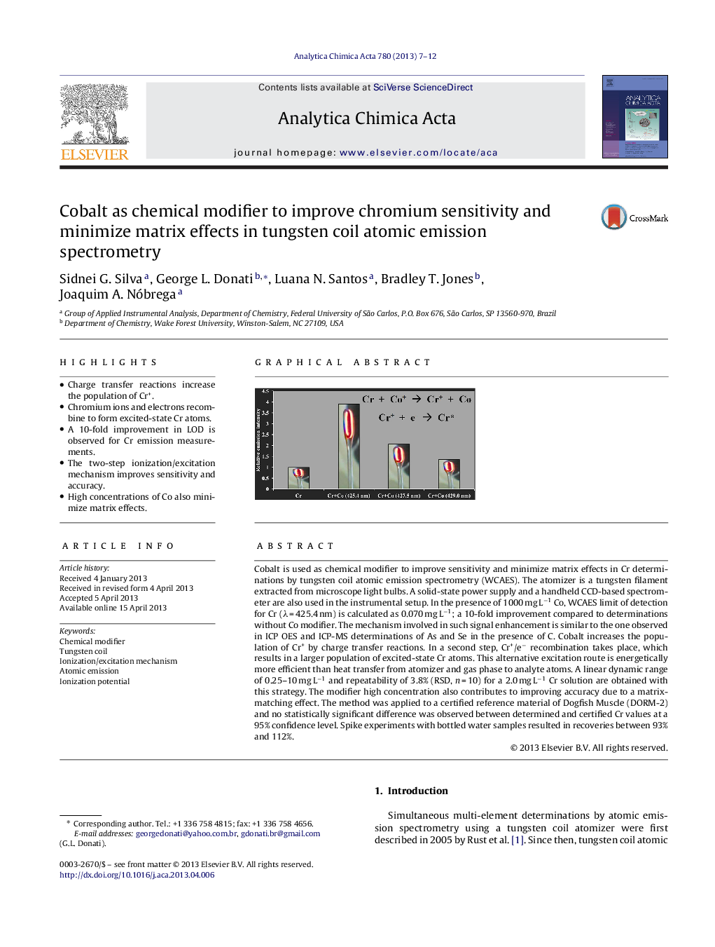 Cobalt as chemical modifier to improve chromium sensitivity and minimize matrix effects in tungsten coil atomic emission spectrometry