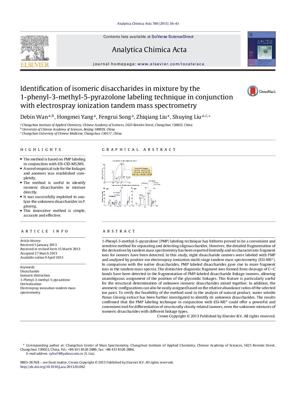 Identification of isomeric disaccharides in mixture by the 1-phenyl-3-methyl-5-pyrazolone labeling technique in conjunction with electrospray ionization tandem mass spectrometry