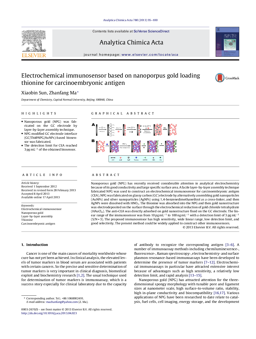 Electrochemical immunosensor based on nanoporpus gold loading thionine for carcinoembryonic antigen