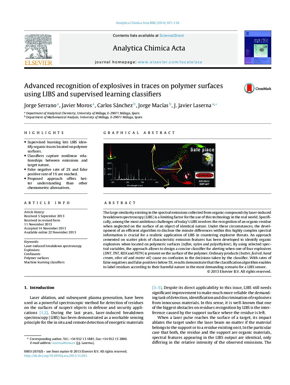 Advanced recognition of explosives in traces on polymer surfaces using LIBS and supervised learning classifiers