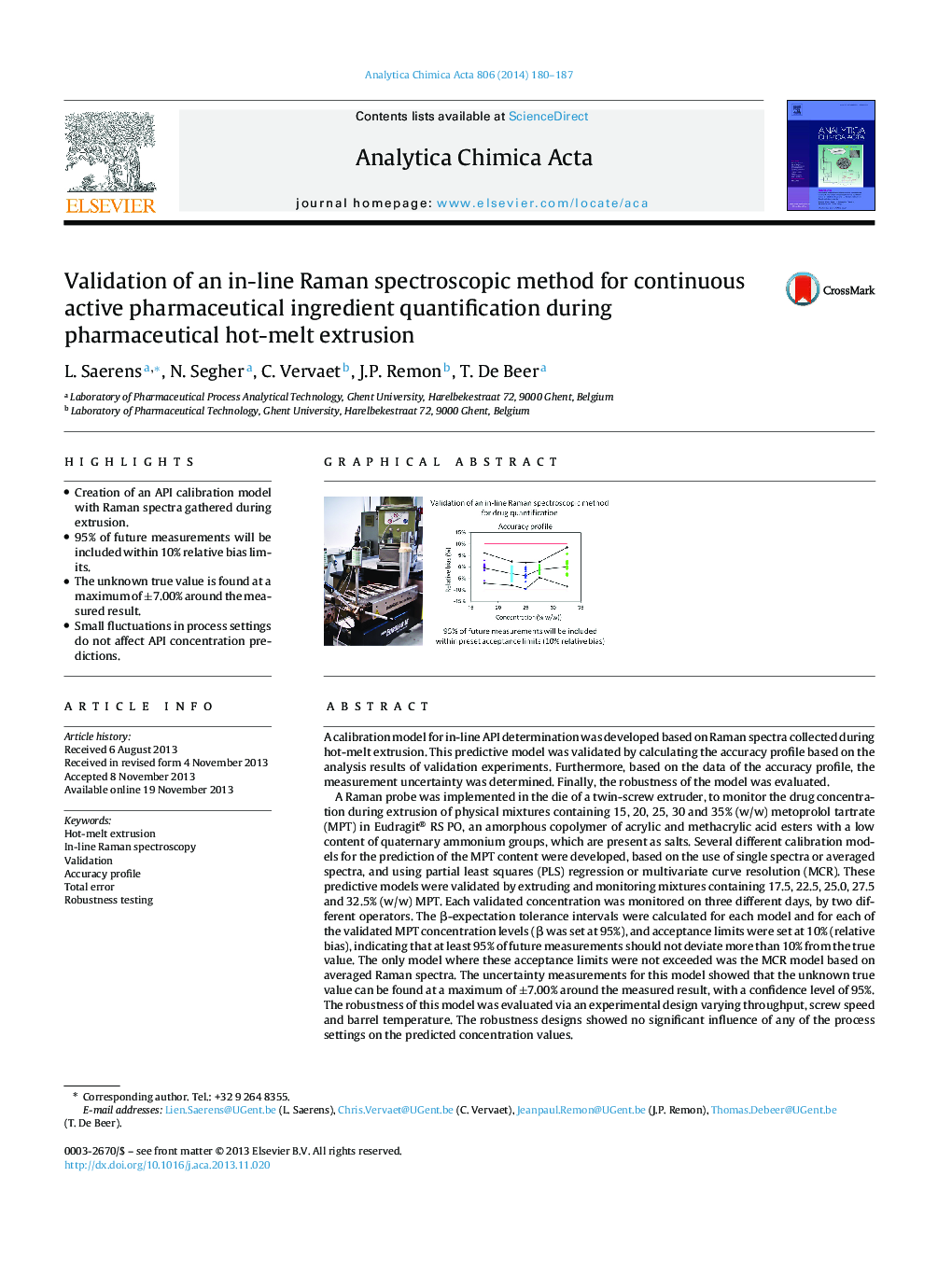 Validation of an in-line Raman spectroscopic method for continuous active pharmaceutical ingredient quantification during pharmaceutical hot-melt extrusion