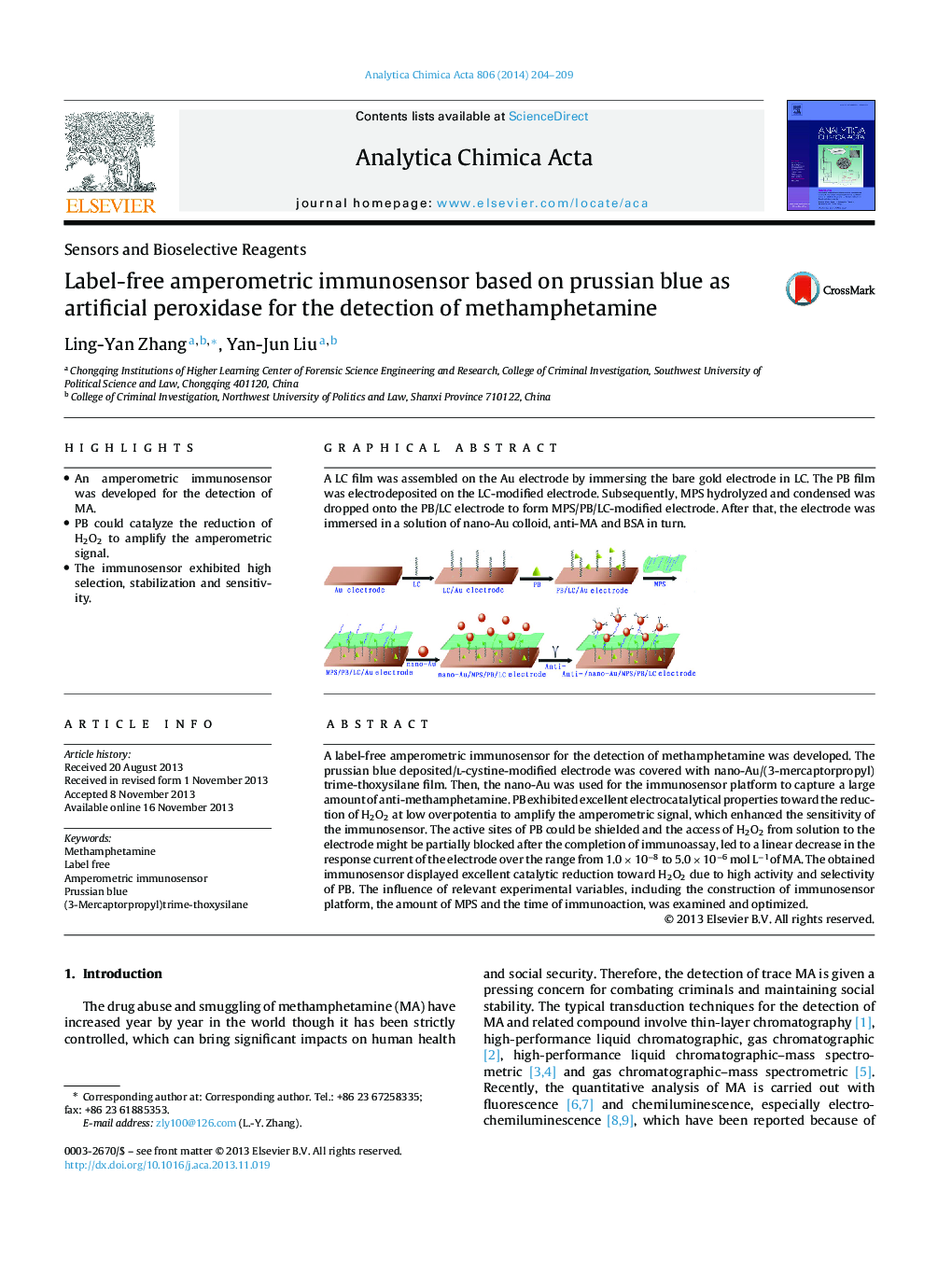 Label-free amperometric immunosensor based on prussian blue as artificial peroxidase for the detection of methamphetamine