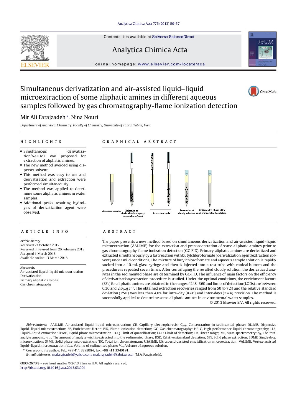 Simultaneous derivatization and air-assisted liquid–liquid microextraction of some aliphatic amines in different aqueous samples followed by gas chromatography-flame ionization detection