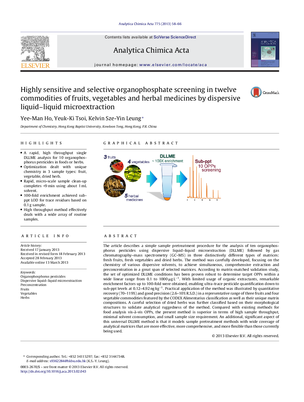 Highly sensitive and selective organophosphate screening in twelve commodities of fruits, vegetables and herbal medicines by dispersive liquid–liquid microextraction