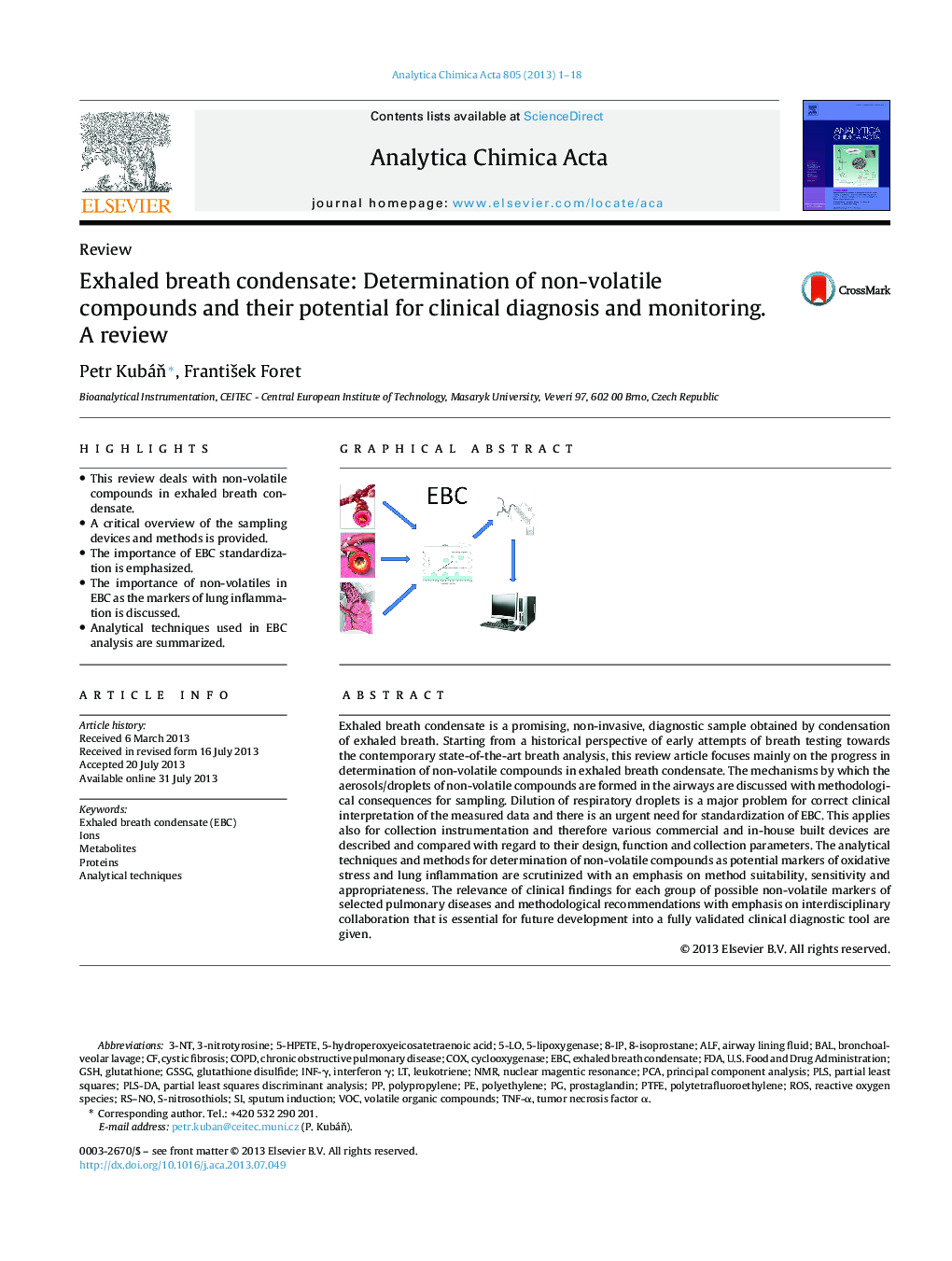 Exhaled breath condensate: Determination of non-volatile compounds and their potential for clinical diagnosis and monitoring. A review