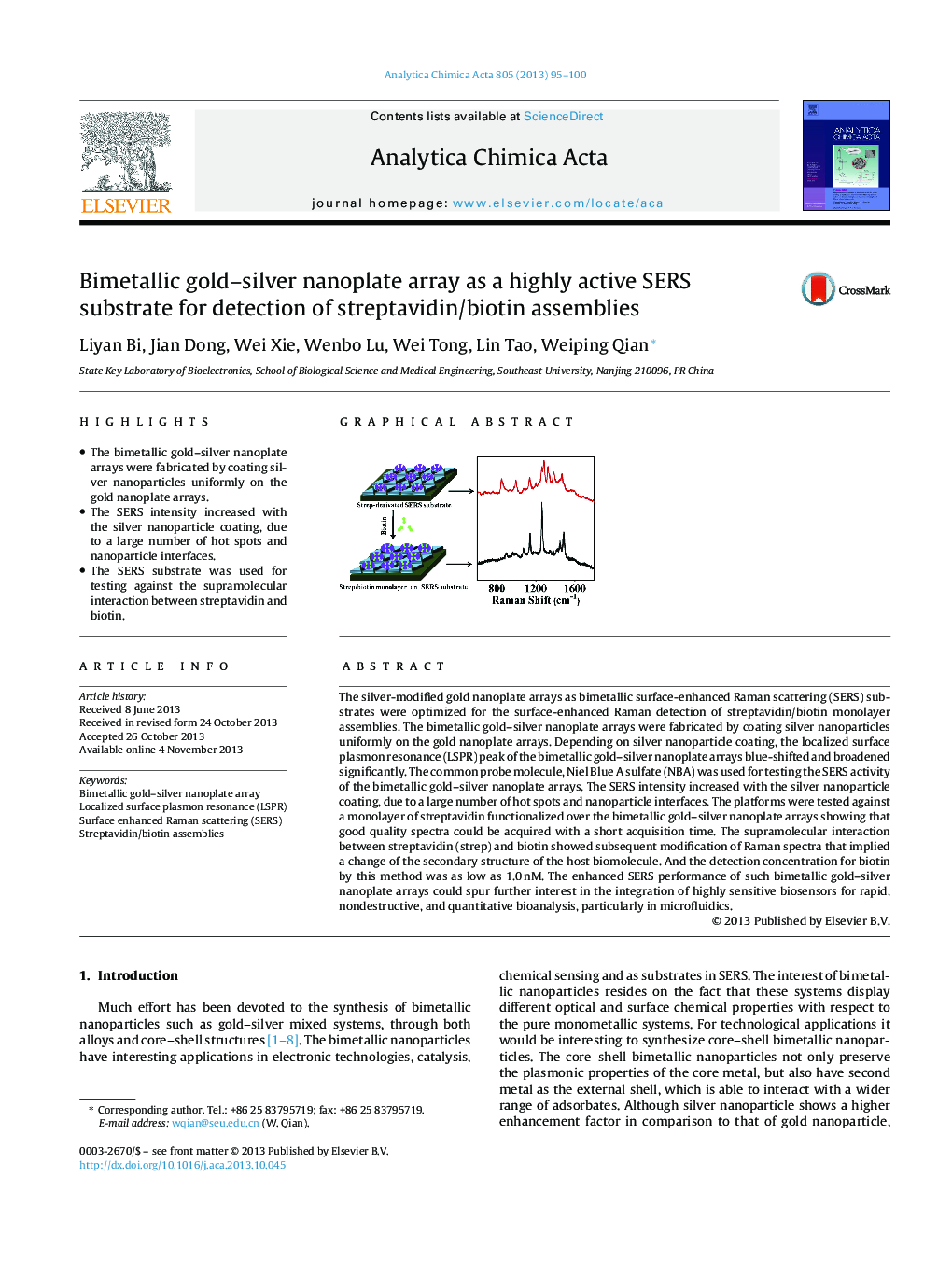 Bimetallic gold–silver nanoplate array as a highly active SERS substrate for detection of streptavidin/biotin assemblies
