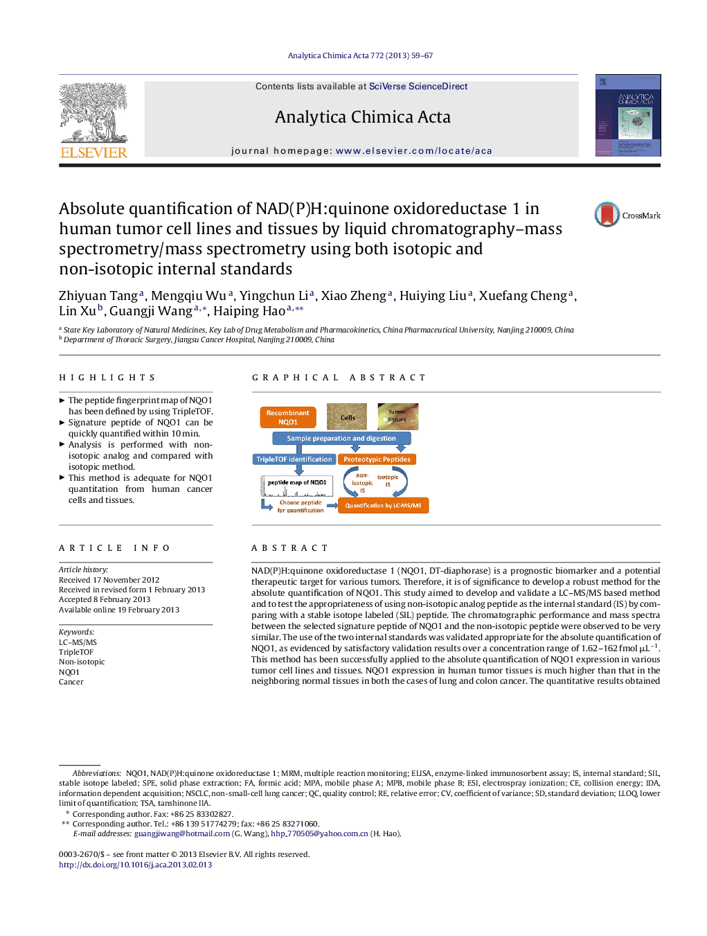 Absolute quantification of NAD(P)H:quinone oxidoreductase 1 in human tumor cell lines and tissues by liquid chromatography–mass spectrometry/mass spectrometry using both isotopic and non-isotopic internal standards