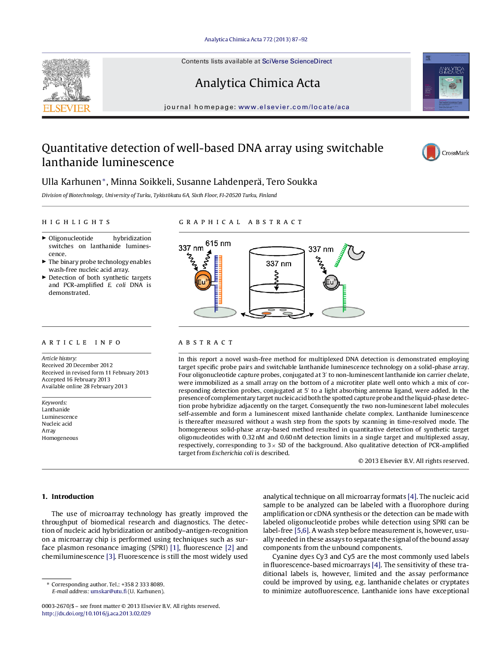 Quantitative detection of well-based DNA array using switchable lanthanide luminescence