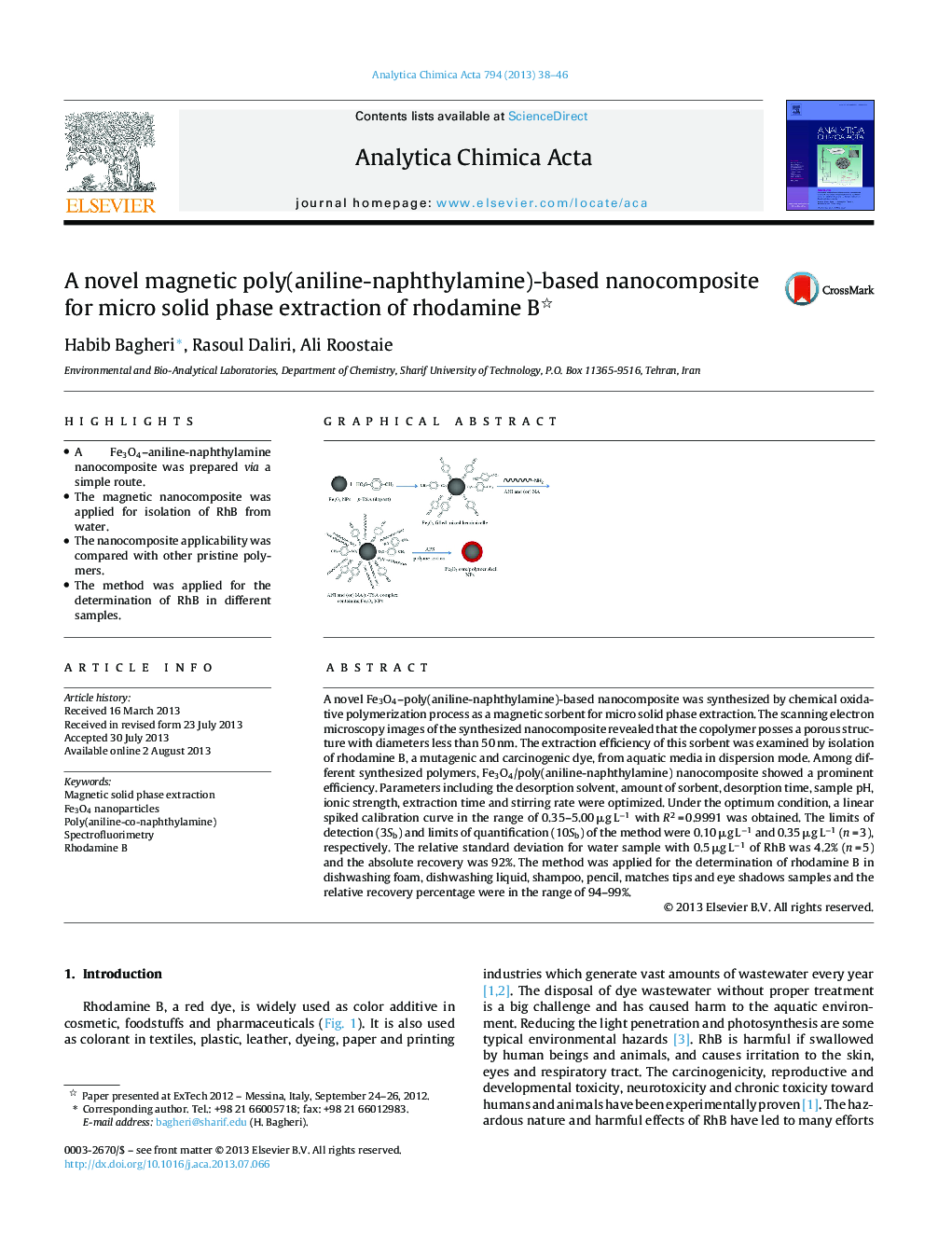 A novel magnetic poly(aniline-naphthylamine)-based nanocomposite for micro solid phase extraction of rhodamine B 