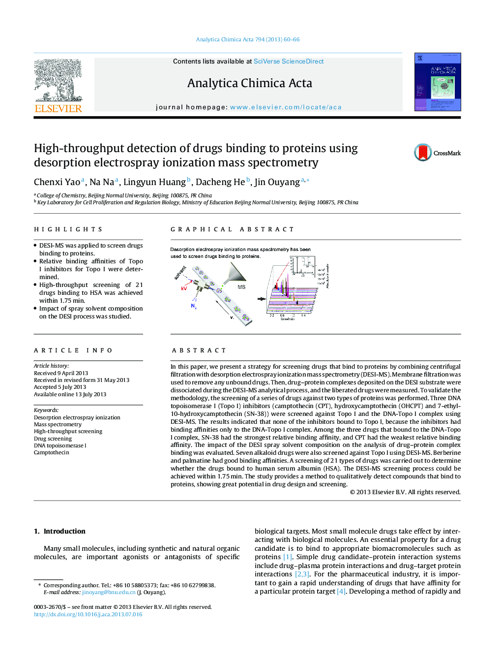 High-throughput detection of drugs binding to proteins using desorption electrospray ionization mass spectrometry