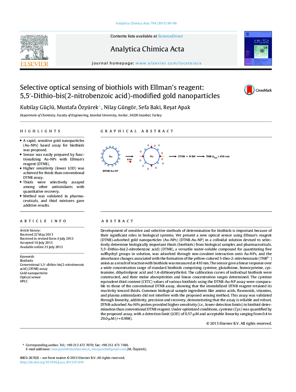 Selective optical sensing of biothiols with Ellman's reagent: 5,5′-Dithio-bis(2-nitrobenzoic acid)-modified gold nanoparticles