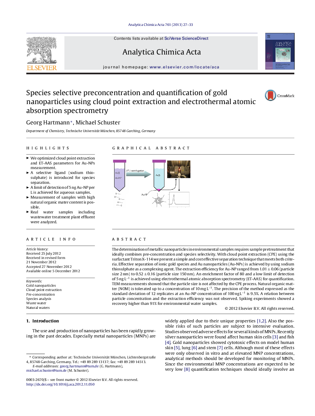 Species selective preconcentration and quantification of gold nanoparticles using cloud point extraction and electrothermal atomic absorption spectrometry