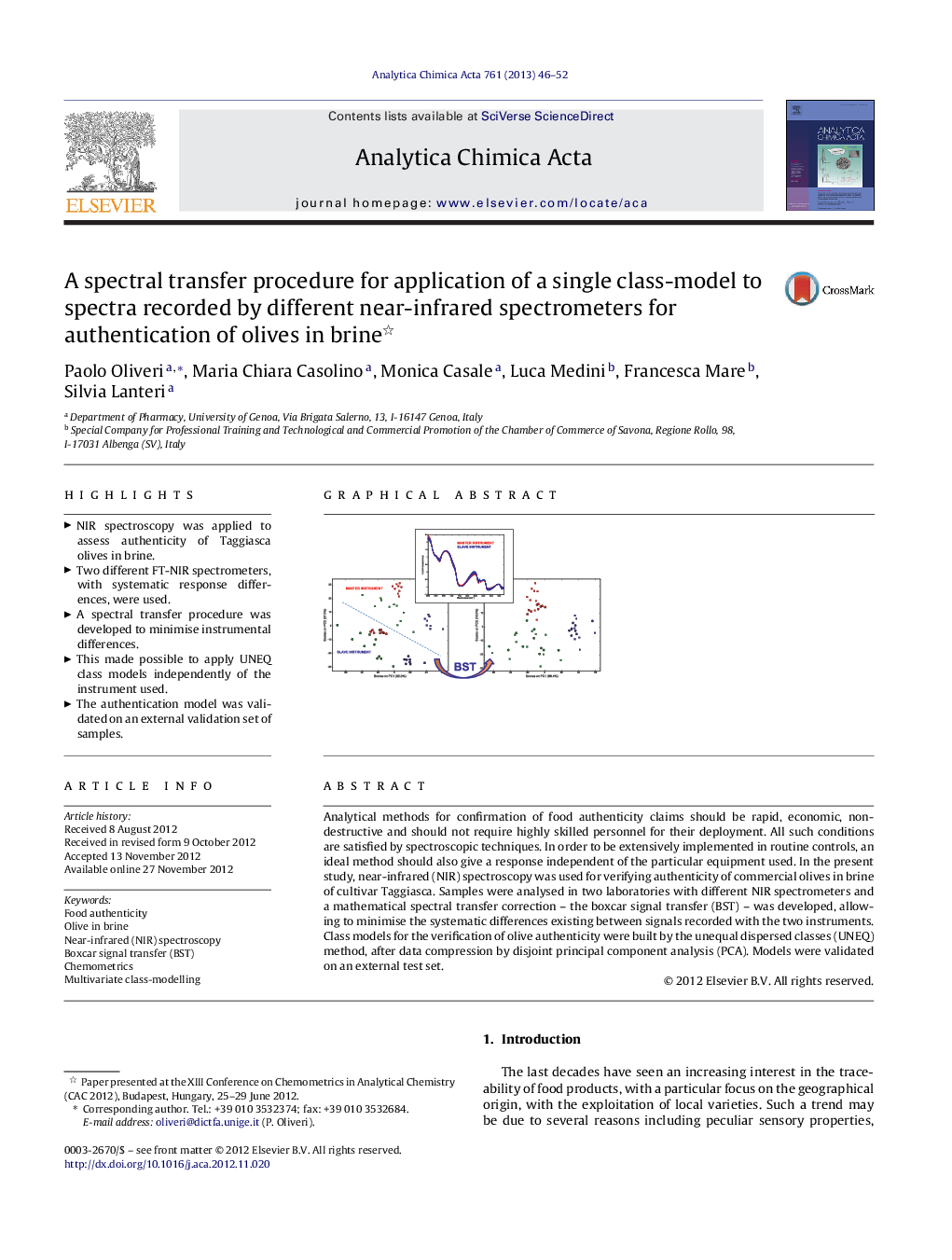 A spectral transfer procedure for application of a single class-model to spectra recorded by different near-infrared spectrometers for authentication of olives in brine 