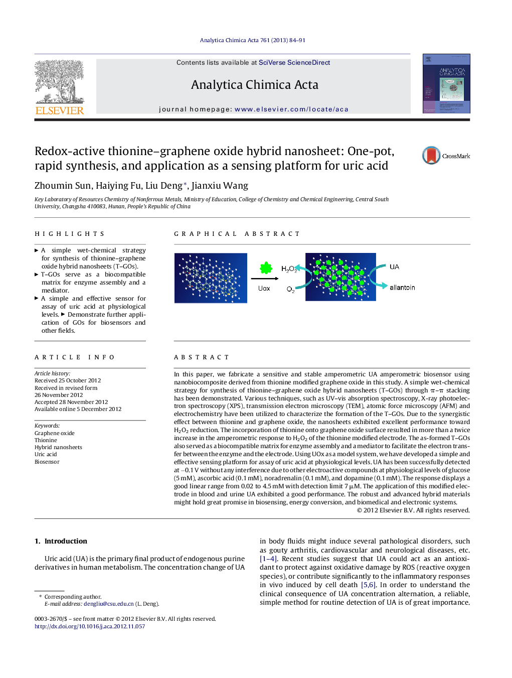 Redox-active thionine–graphene oxide hybrid nanosheet: One-pot, rapid synthesis, and application as a sensing platform for uric acid