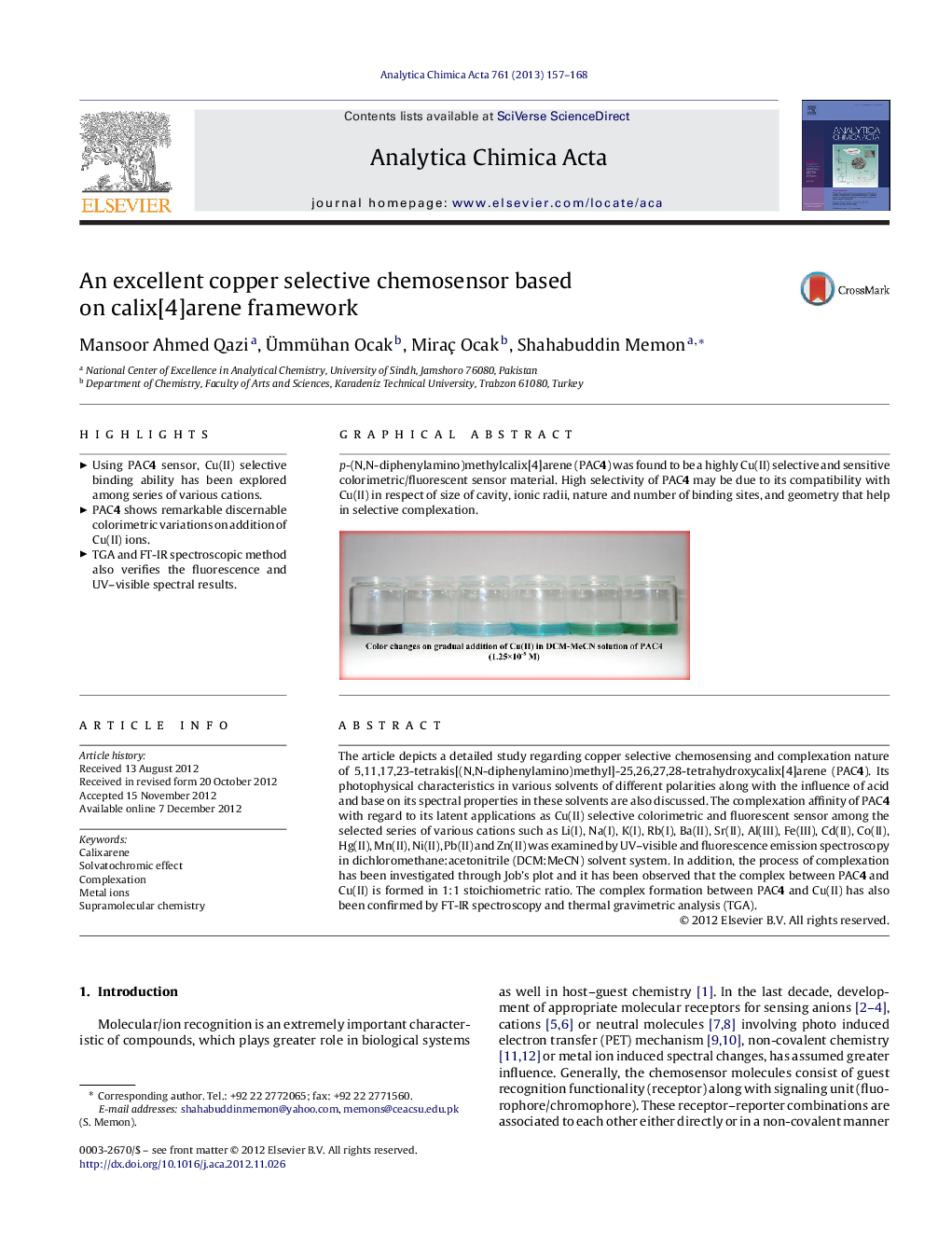 An excellent copper selective chemosensor based on calix[4]arene framework