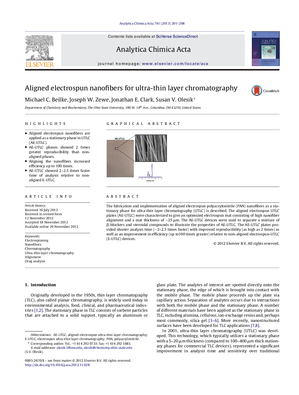 Aligned electrospun nanofibers for ultra-thin layer chromatography