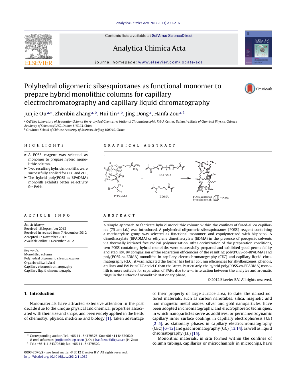 Polyhedral oligomeric silsesquioxanes as functional monomer to prepare hybrid monolithic columns for capillary electrochromatography and capillary liquid chromatography