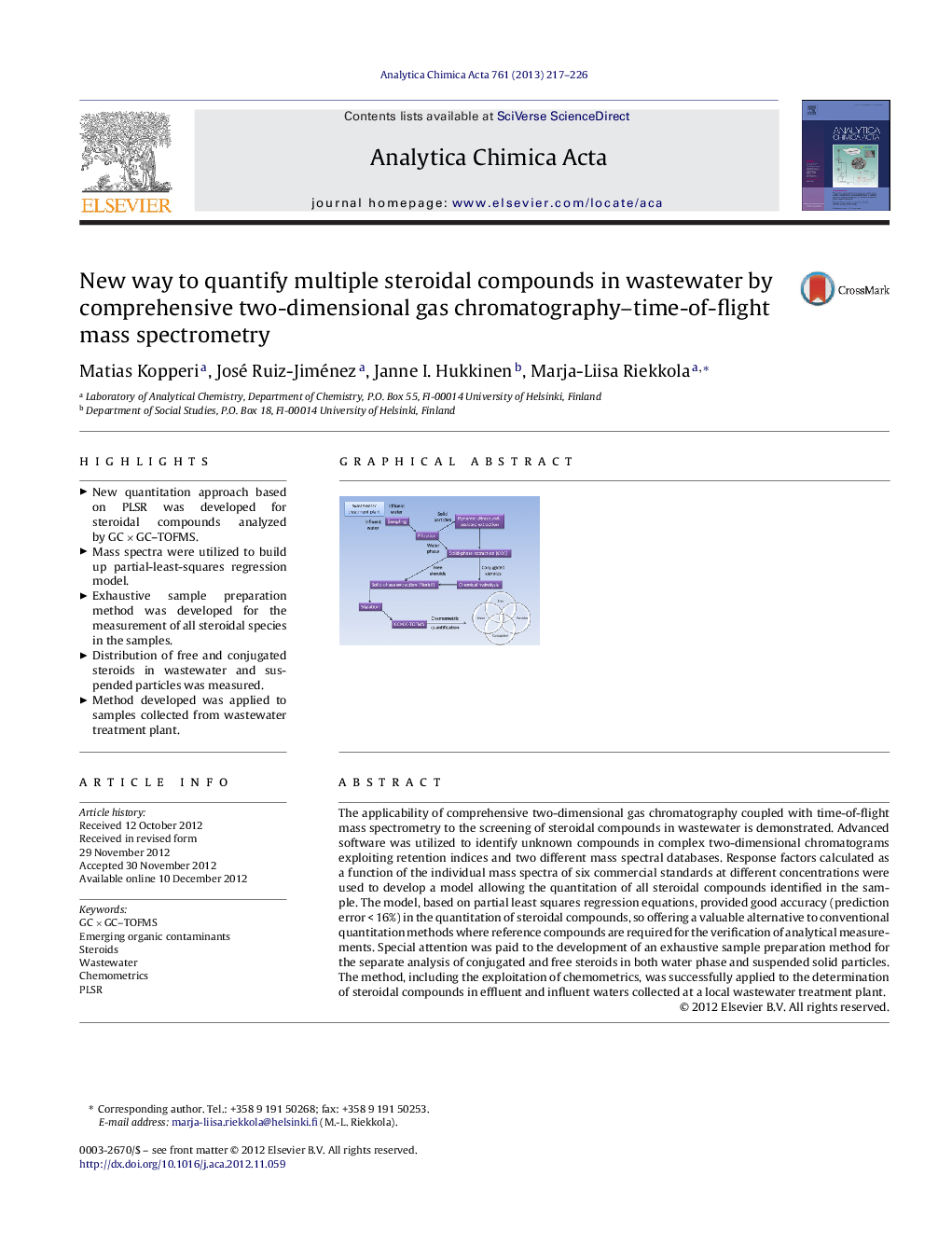 New way to quantify multiple steroidal compounds in wastewater by comprehensive two-dimensional gas chromatography–time-of-flight mass spectrometry