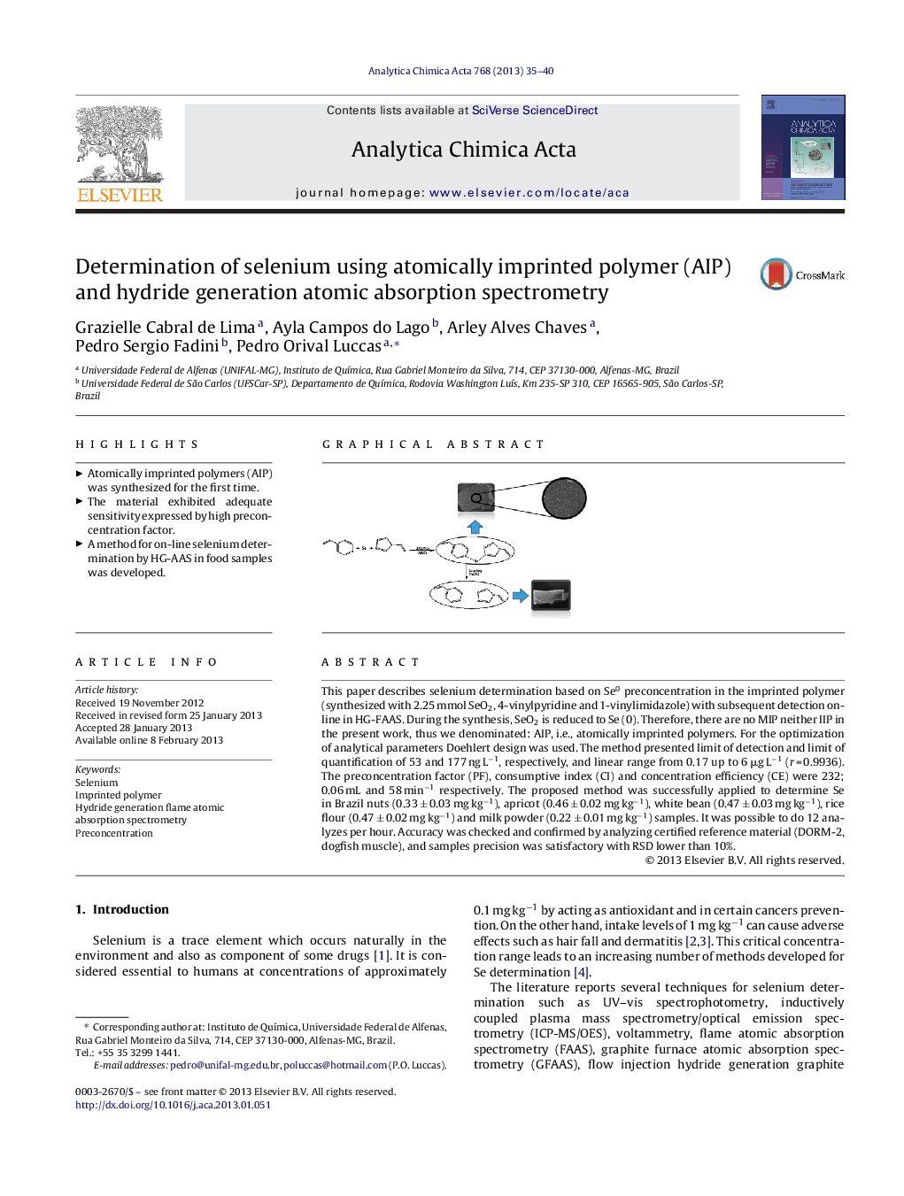 Determination of selenium using atomically imprinted polymer (AIP) and hydride generation atomic absorption spectrometry