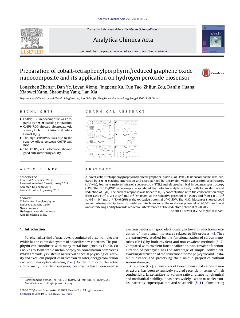 Preparation of cobalt-tetraphenylporphyrin/reduced graphene oxide nanocomposite and its application on hydrogen peroxide biosensor