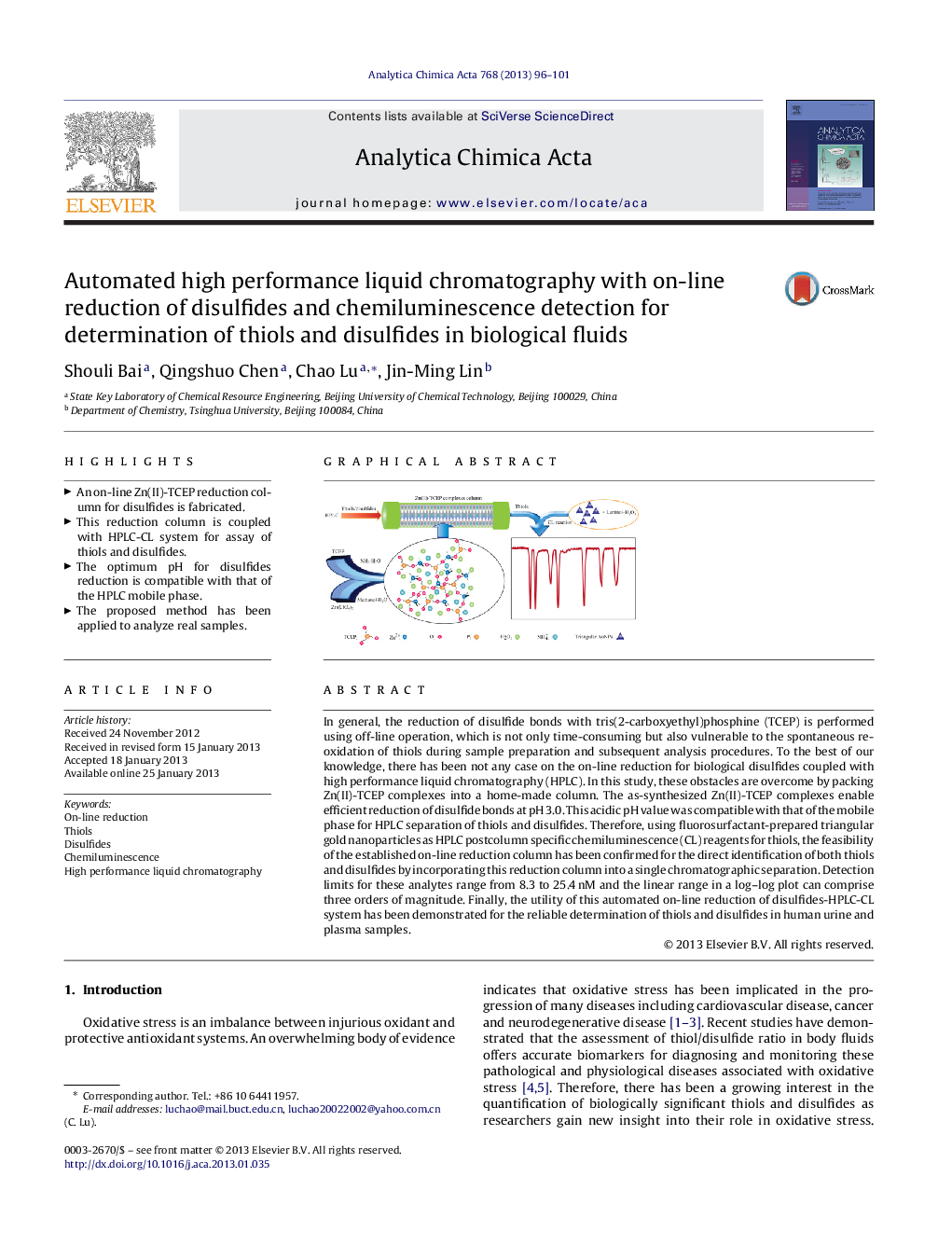 Automated high performance liquid chromatography with on-line reduction of disulfides and chemiluminescence detection for determination of thiols and disulfides in biological fluids