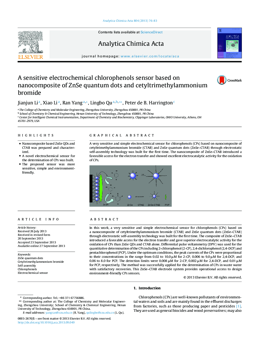 A sensitive electrochemical chlorophenols sensor based on nanocomposite of ZnSe quantum dots and cetyltrimethylammonium bromide