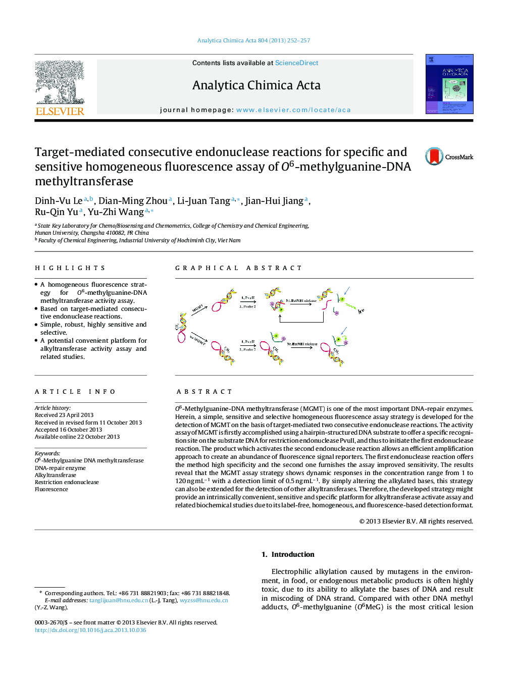 Target-mediated consecutive endonuclease reactions for specific and sensitive homogeneous fluorescence assay of O6-methylguanine-DNA methyltransferase